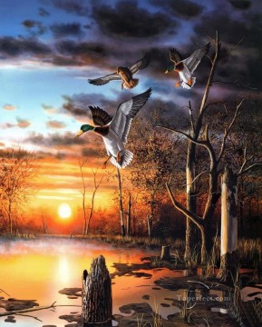 Anas platyrhynchos en escenas de puesta de sol aves Pinturas al óleo